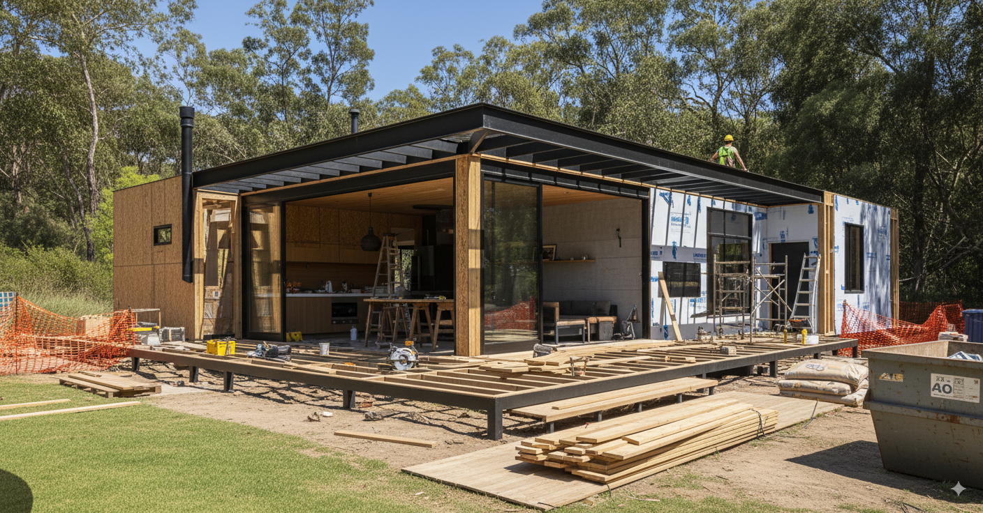 Maquinaria pesada en obra para la construcción de una casa prefabricada de madera artificial de alta eficiencia energética.