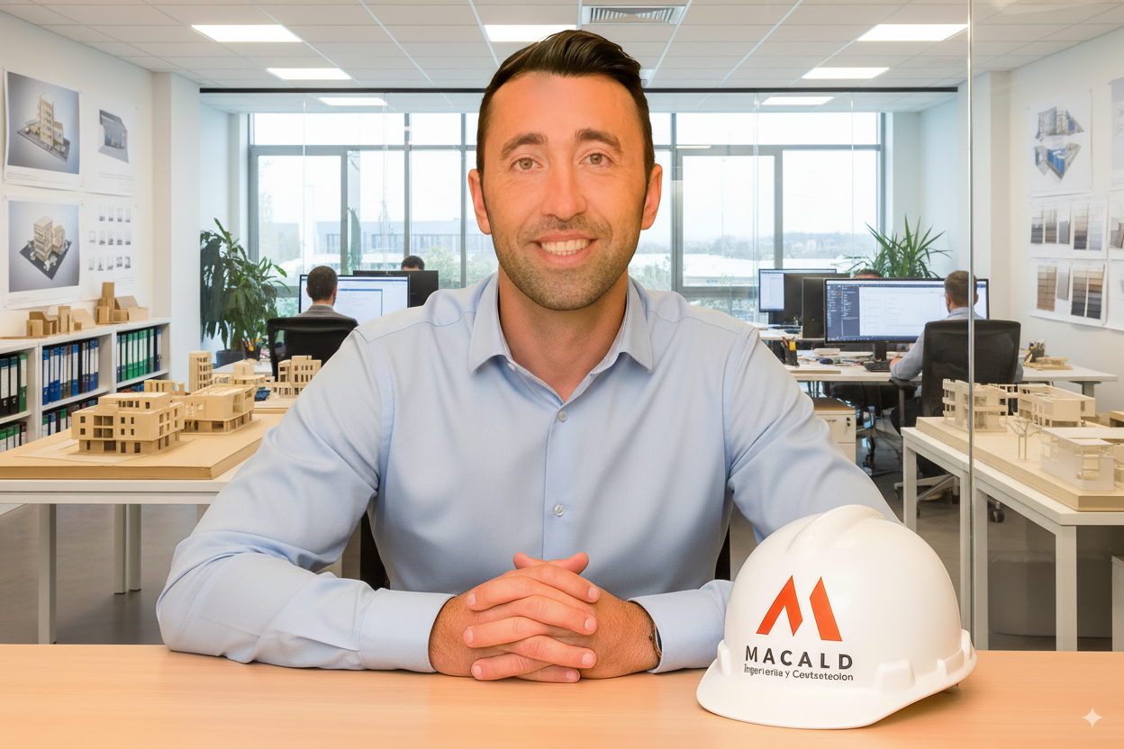 Arquitecto revisando planos de un proyecto de vivienda.